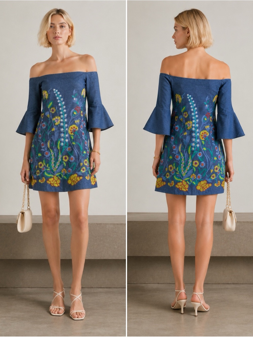 Alice + Olivia Embroidered Off Shoulder Mini Dress Bell Sleeve Floral Blue XS